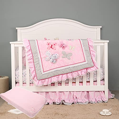 CribMATE - Juego de 4 piezas de ropa de cama para cuna de bebé, diseño de mariposas 3D, 1 edredón, 1...