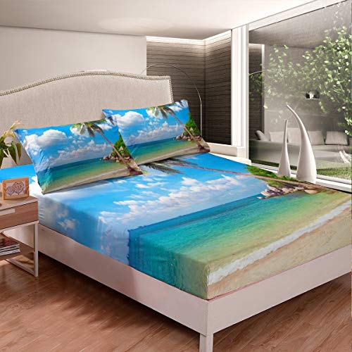 Erosebridal Ocean Beach - Juego de sábanas de tamaño completo, diseño de palmeras, color azul y blanco
