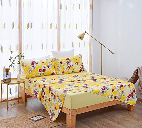 DaDa Bedding Radiant Sunshine - Juego de sábanas amarillas - Colibríes florales - Vibrante brillante con...