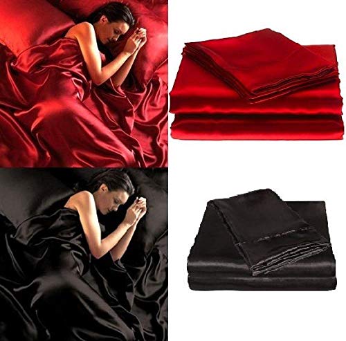 Yuan Dun'er Juego de sábanas de Cama de Lujo de Seda Satinada Suave Queen Bed - Negro Rojo-Rojo_Rey